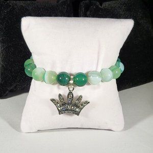 Green and White Beaded Bracelet with Charm Made by Me.